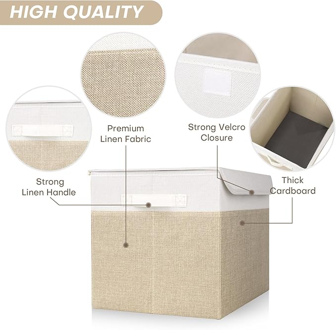 Large 22 Quart Linen Fabric Foldable Storage Bin Cube Organizer Basket with Flip-Top Lid & Handles, Clothes Blanket Box for Home, Office, Closet, Beige & White, 4 Pack 14.6 x 9.5 x 9.5”-DeskLoop Office