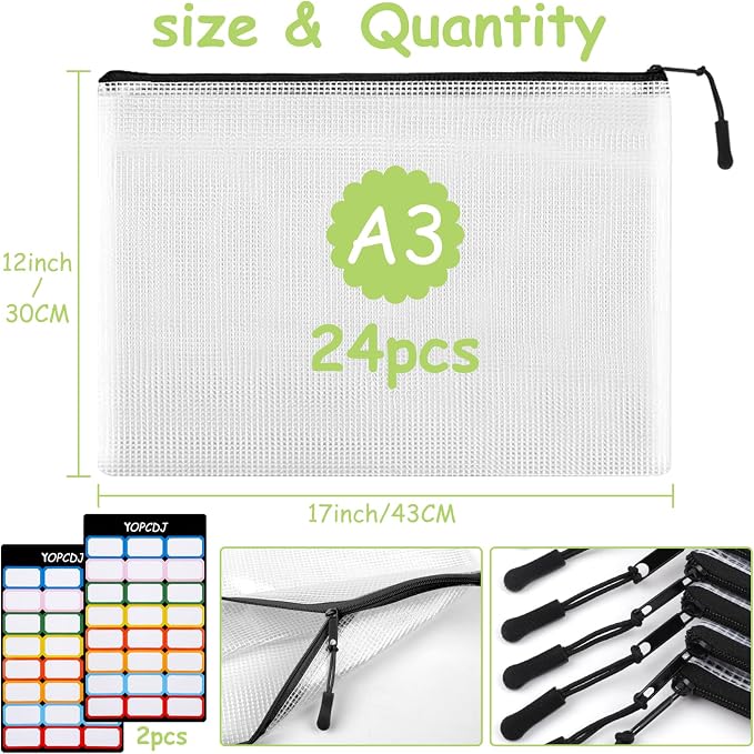 YOPCDJ 24pcs Mesh Zipper Pouches, A3 Size 17 x 12 inches Waterproof Black - Image 2