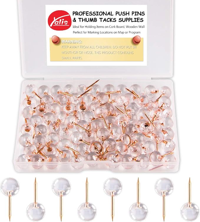 Push Pins 1/3 Inch Rose Gold Map Tacks 100-Count Large Size Pins Steel Point by Yalis