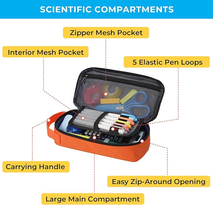 ECHSRT Big Pencil Case, Aesthetic Portable Zipper Pencil Bag with Hidden Pocket, Special Pouch for Men Women Adults, Stationery Organizer Pen Cases for Office Travel, Orange-DeskLoop Office