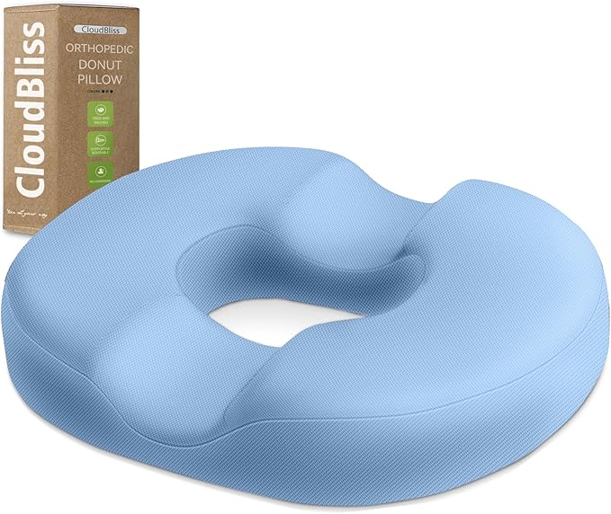 CloudBliss Donut Pillow Seat Cushion Chair Pad for Tailbone Pain Relief and Hemorrhoids, Memory Foam Seat Chair Cushion for Men and Women for Home & Office, (Light Blue-XL)-DeskLoop Office
