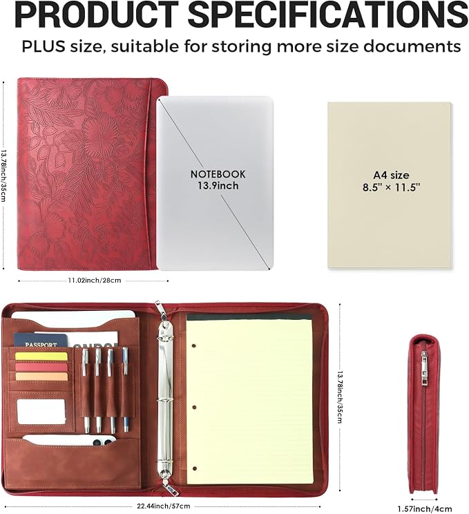 A4 Embossed Faux Leather Zippered Padfolio - Image 4