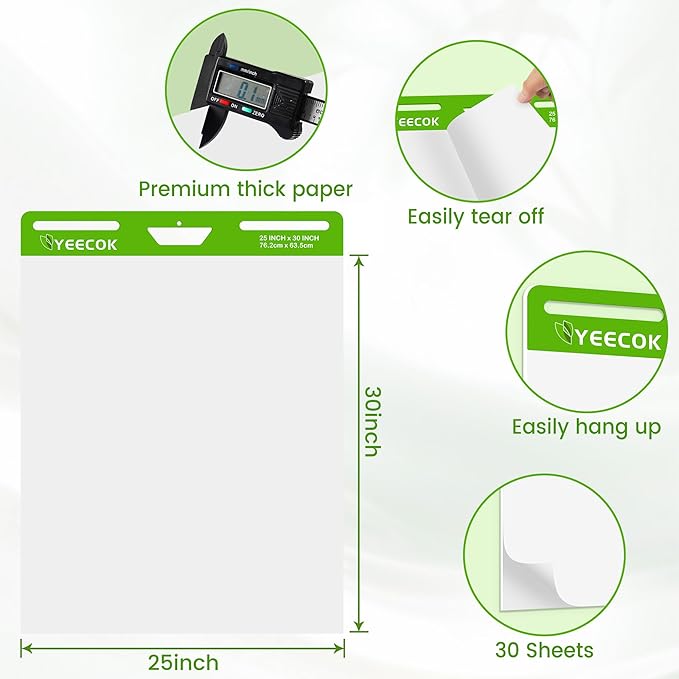 Sticky Easel Pad 25 in x 30 in, 30 Sheets/Pad, 4 Pads/Pack, Sticky Flip Chart Paper for Teachers, Super Sticking Power & Bleed-Resistant-DeskLoop Office