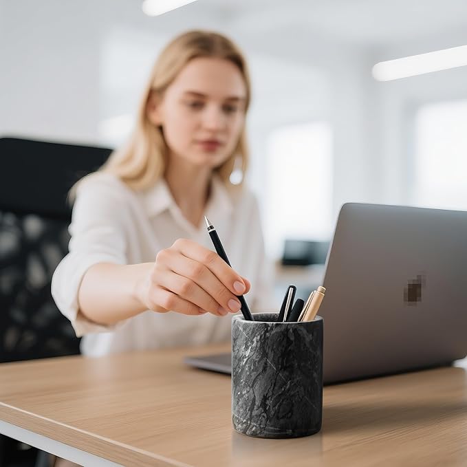 WORHE Pen Holder Stand Italy Natural Premium True Marble Makeup Brush Holders, Tableware Organizer Desk Pencil Cup for Home Office School Decor Dark Grey (DL012)-DeskLoop Office