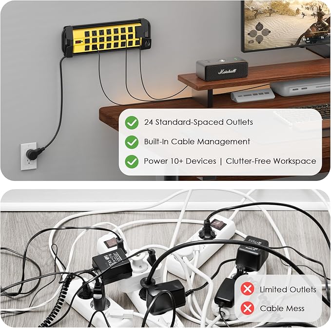 HHSOET Heavy Duty Power Strip with Surge Protection, Industrial Commercial Metal 24 Outlets Wall Mount for Garage Shop, 15 Amp, Switch, 6FT Extension Cord, Yellow.-DeskLoop Office