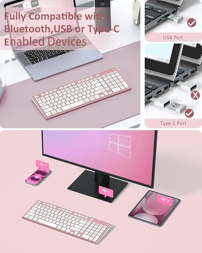 FENIFOX Wireless Keyboard, Bluetooth + USB Ergonomic Silent Quiet Rechargeable with Number Pad Cute Compact Full Size Multi Device Keyboards for iPad Tablet Mac Computer Surface PC MacBook Laptop Pink-DeskLoop Office