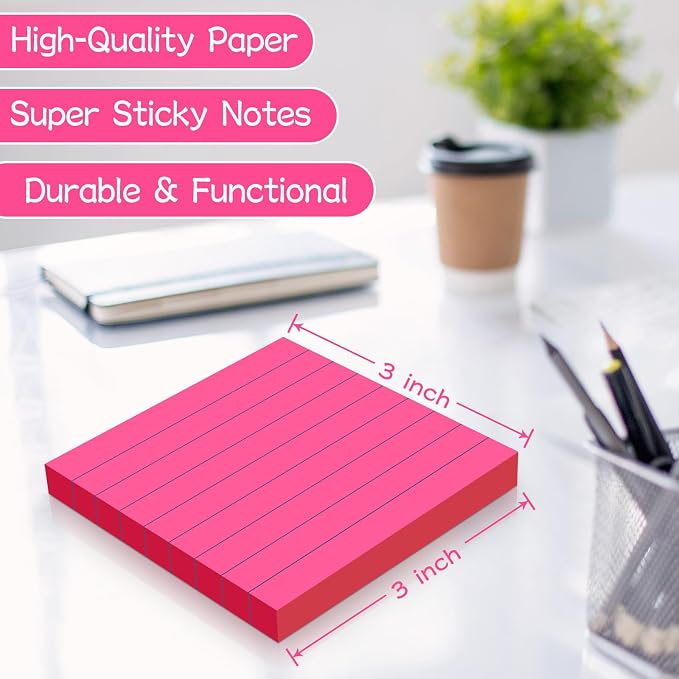 Lined Sticky Notes 3x3 in Bright Ruled Post Stickies Colorful Super Sticking - Image 3