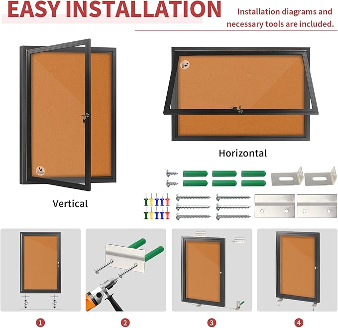 Enclosed Bulletin Board,Outdoor Weatherproof Cork Noticeboard with Locking Door, Wall-Mounted Black Aluminum Frame,Display Case Message Board for Office Home,36x24 Inch (5xA4)-DeskLoop Office