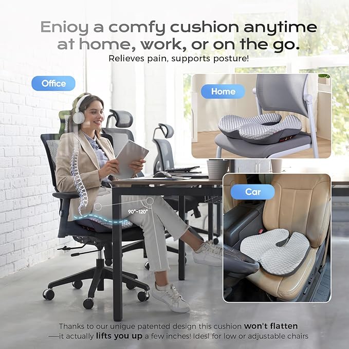 Seat Cushion for Tailbone Pain Relief X-Large,Ergonomic Office Chair Cushions for Butt Hip Lower Back & Sciatica Pain Relief Pillow,Pressure Relief Seat Cushion for Long Sitting, Car & Plane (Grey)-DeskLoop Office