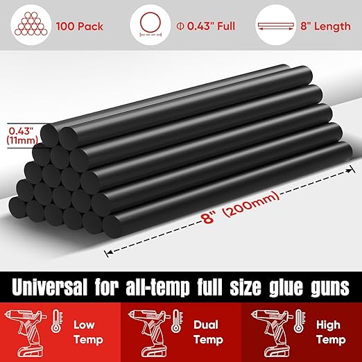 SHALL Full Size Hot Glue Sticks, 0.43” Dia x 8” Long, 100 Pack Black Glue Gun Sticks for All-Temp Glue Guns, Hot Melt Adhesive Glue Sticks Multipurpose for DIY Art Craft Sealing Repair Festival Decor-DeskLoop Office