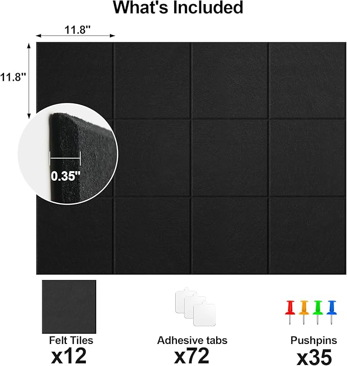 Large Cork Board for Walls 47" x 35" 12 Pack Black Bulletin Boards Felt Wall Tiles with Safe Removable Adhesive Corkboards for Office Home,Black-DeskLoop Office