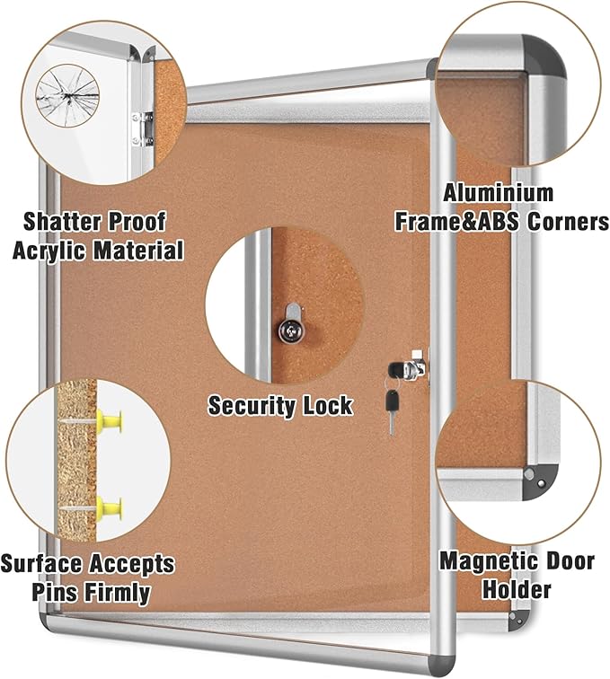 28"x26" Enclosed Bulletin Board, Lockable Weather-Resistant Aluminum Cork Noticeboard for School & Office, Silver Frame w/Cork-DeskLoop Office