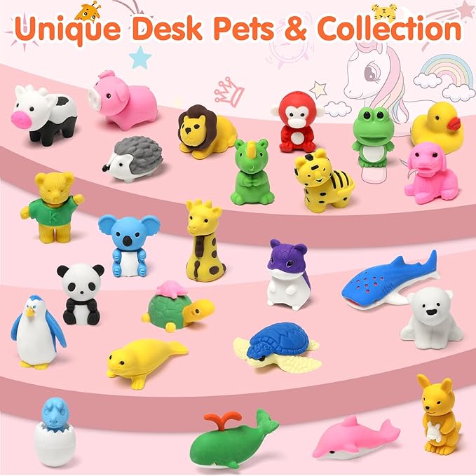 34 Pack Animal Pencil Erasers for Kids, 3D Mini Puzzle Take Apart Erasers, Desk Pets & Treasure Box Toys, Bulk Party Favors, Classroom Prizes, School Supplies, Gift for Boys & Girls-DeskLoop Office