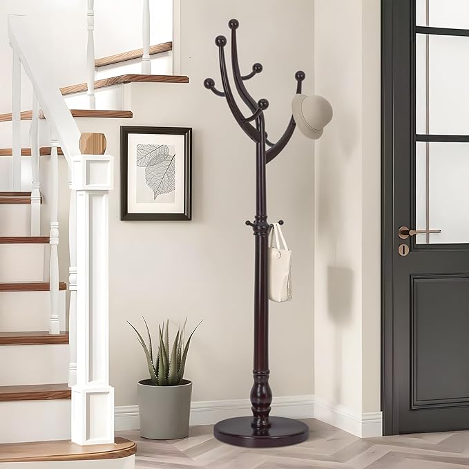 Coat Rack Tree Freestanding with Hooks, Heavy Duty Standing Wood Coat Rack with Solid Round Base, 74” Tree Shaped Coat Hanger Stand for Clothes, Hat, Jacket, Entryway Bedroom, Red Brown-DeskLoop Office