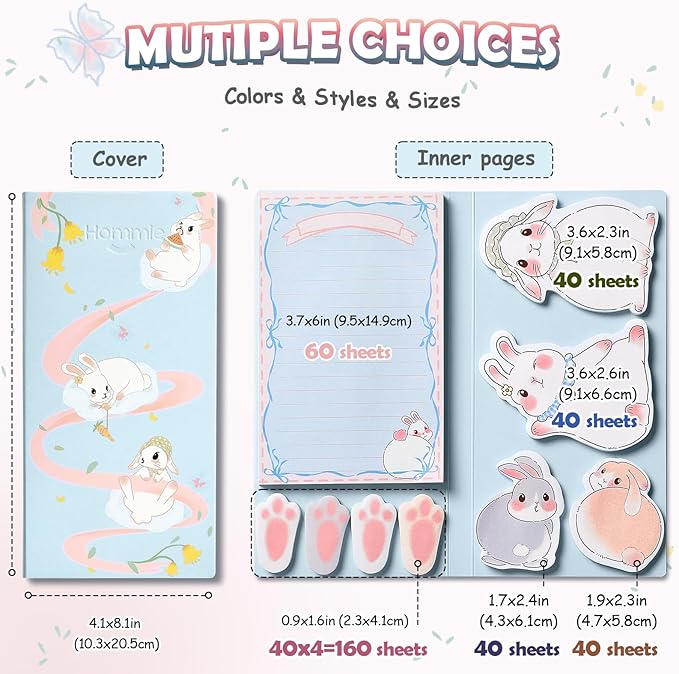 Hommie Cute Sticky Notes Set, Sticky Notes Set Planner Dividers, Easter Bunny Self-Stick Memo Pads with Animal Divider Tabs, Bundle Writing Designs for Office, School, Easter Party Supplies-DeskLoop Office