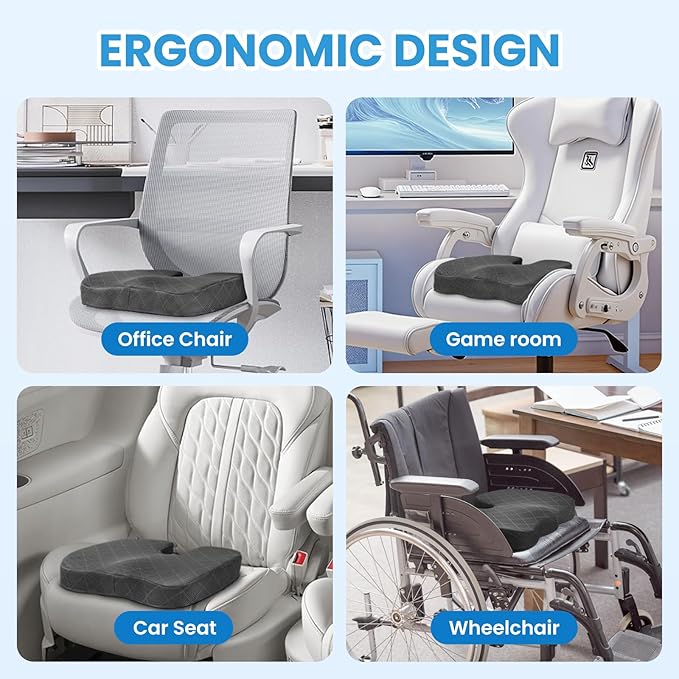 TushGuard Seat Cushion - Memory Foam Cushion for Office Chair, Car Seat, Airplane, Bleacher - Sciatica & Hip & Coccyx Pain Relief Desk Chair Cushion for Long Sitting Office Workers, Car Drivers