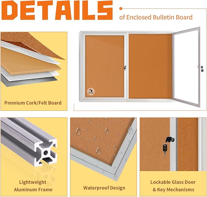 Lockable Outdoor Enclosed Bulletin Board, Weatherproof Cork Noticeboard with Locking Door, Wall-Mounted Aluminum Framed Display Case for Messages,36x24in (5xA4) (Silver Frame & Cork, 44x32 in)-DeskLoop Office