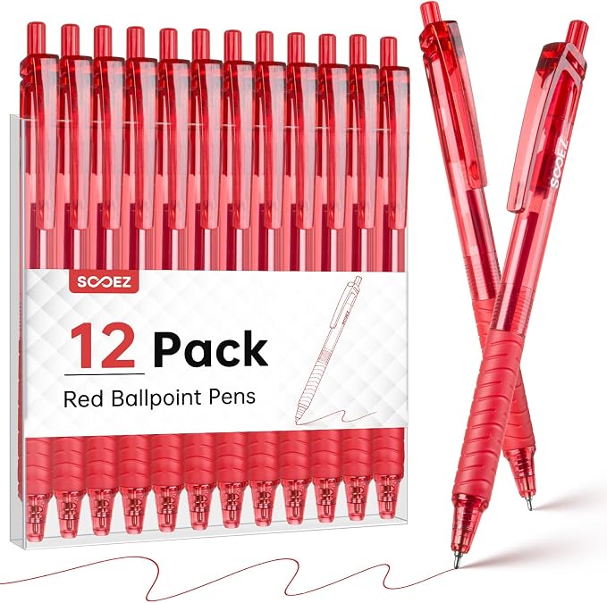 Sooez 12 Pack Bulk Pens Ballpoint, Retractable Red Ink Pens, Smooth Writing Pens by Sooez