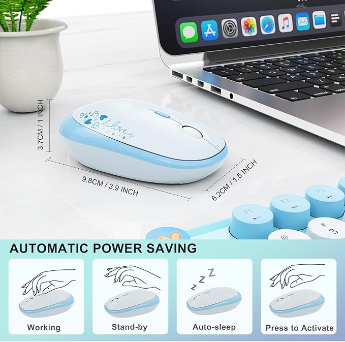 FOPETT Wireless Keyboard and Mouse Combo - 2.4G Full-Sized Cute Colorful Retro Keyboard with Round Keycaps 104 Keys Typewriter Keyboard for Laptop/Windows/PC-Blue Colorful-DeskLoop Office