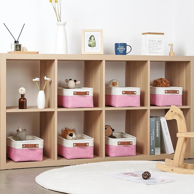 DULLEMELO Small Storage Baskets 6 Pack, Fabric Collapsible Gift Storage Baskets for Shelves, Closets, Nursery, Home, Office Organizing,Small Canvas Linen Rectangular Storage Bins (6-Pack, White&Pink)-DeskLoop Office