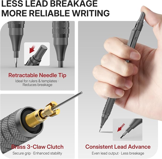 WUO 0.9mm Mechanical Pencil Set, 3 Grey Metal Drafting Pencils - Image 3