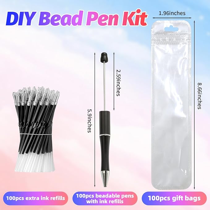 300 Pieces DIY Beadable Pen Kit – 100 Plastic Ballpoint Pens - Image 2