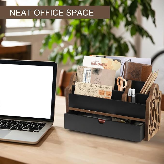 Desk Organizer with Drawer Wood File Office Mail Organizer Countertop-5 Slot - Image 5