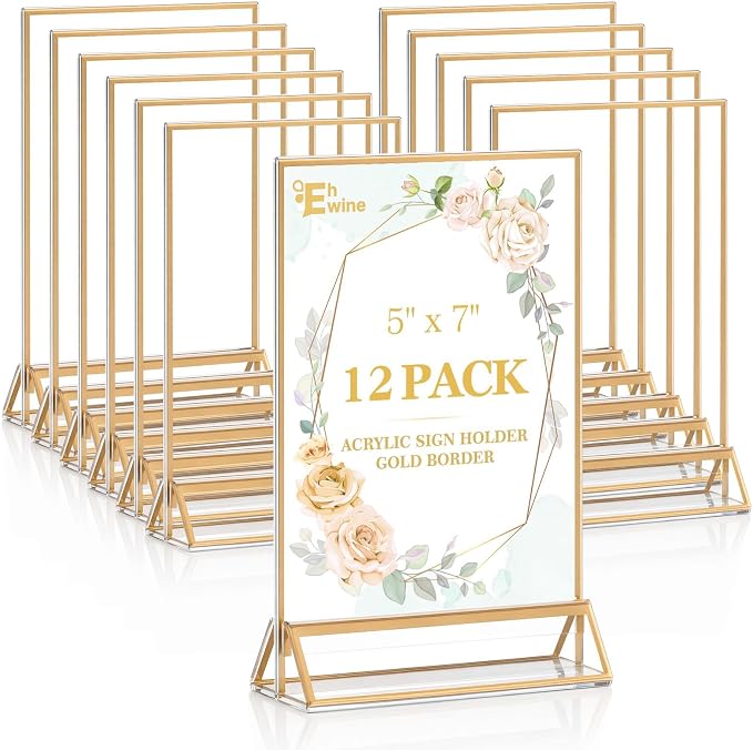 EHWINE 12 Pack Acrylic Sign Holder 5 x 7, Double Sided Gold Picture Frame Stand by EHWINE