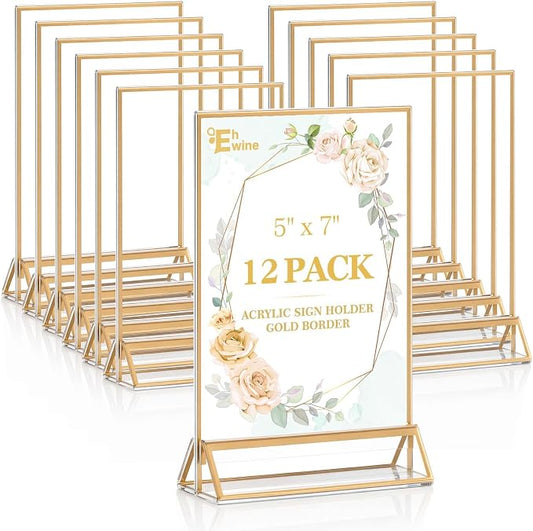 EHWINE 12 Pack Acrylic Sign Holder 5 x 7, Double Sided Gold Picture Frame Stand by EHWINE