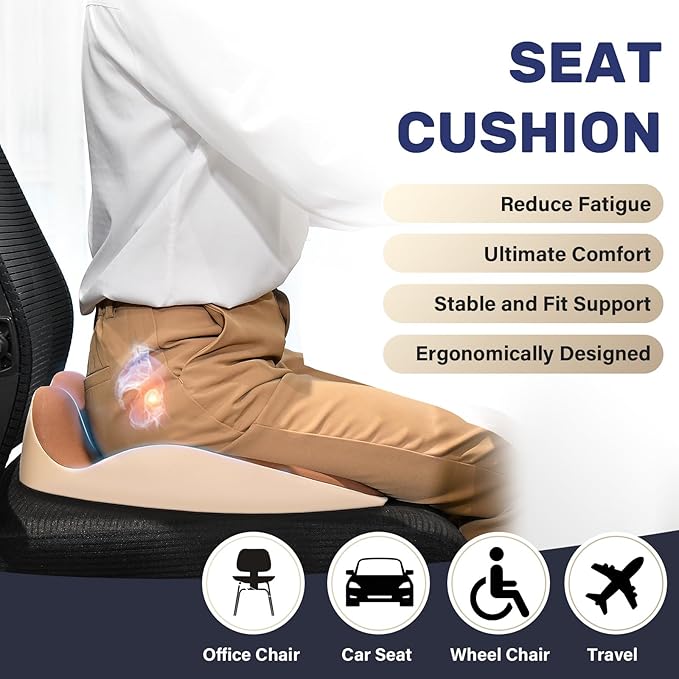 Coverado Car Seat Cushion, Memory Foam Office Chair Cushion for Car, Everlasting Comfort Sciatica & Hip & Tailbone Pain Relief Cushion for Long Sitting Driver Office Worker-Beige-DeskLoop Office