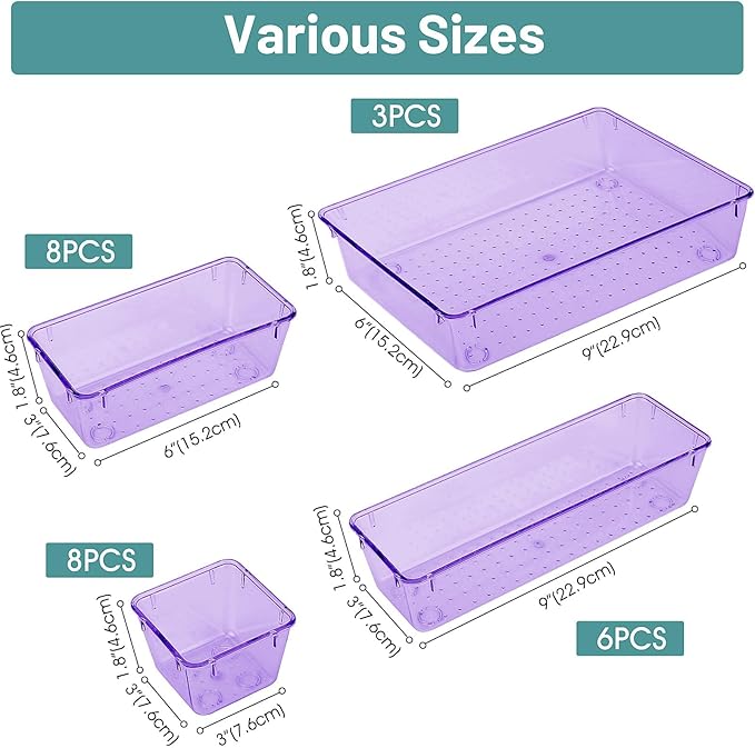 WOWBOX 25 PCS Plastic Drawer Organizer Set, Desk Drawer Divider Organizers and Storage Bins for Makeup, Jewelry, Gadgets for Kitchen, Bedroom, Bathroom, Office, Clear Purple-DeskLoop Office