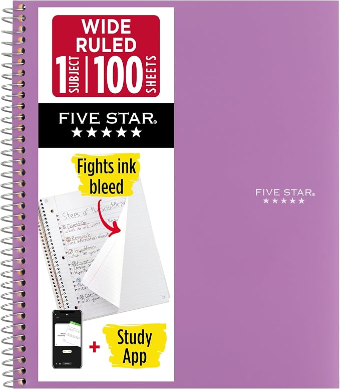 Five Star Spiral Notebook + Study App, 1 Subject, Wide Ruled Paper, 100 Sheets by FiveStar