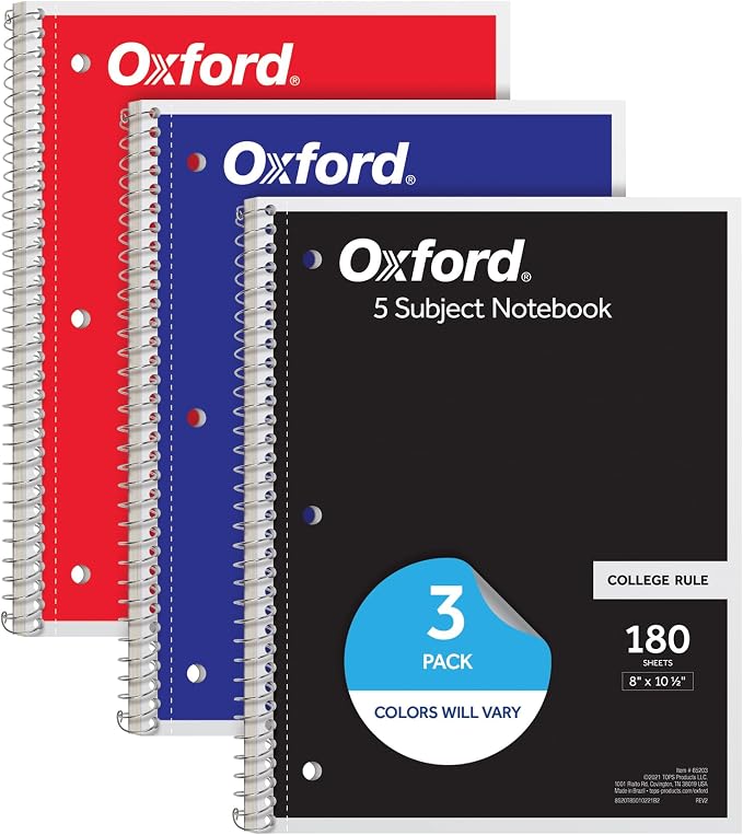 Oxford Spiral Notebooks, 3 Pack, 5 Subject, College Ruled Notebooks by Oxford