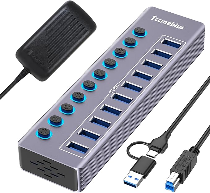 Powered 10-Port USB 3.0 Hub, USB C to 10 Ports USB Data Hub Splitter with Individual LED On/Off Switche, 3.3FT Cable, 12V/3A Power Adapter, for Laptop MacBook Pro/Air PC (Aluminum Gary)-DeskLoop Office