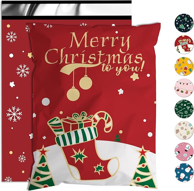 Christmas Poly Mailer 10x13 Inch 25 Pcs, Waterproof Shipping Bags for Clothing, Tear-Resistant Mailier, Strong Mailing With Self-Seal - Red Merry Christmas-DeskLoop Office
