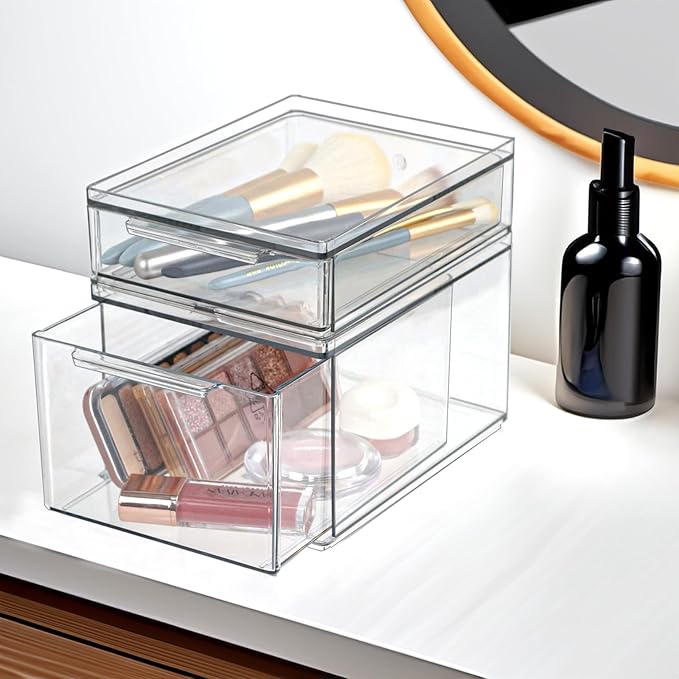 Set of 2 Stackable Storage Drawers - 6.7" Clear Plastic Drawer Storage, Acrylic Makeup Organizer, Desk Counter Cabinet Office Organizer, Bathroom Organizers and Storage (Modern/Set of 2)-DeskLoop Office
