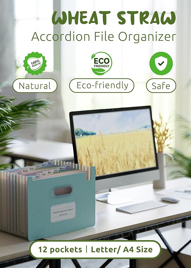 Accordion File Organizer, 12 Pockets Wheat Straw Expanding File Folders, Upright & Open Top, Monthly Bill Receipt Organizer, 100% BPA Free, Return to Nature, Healthy Living, Letter/A4 Size-Sky Blue-DeskLoop Office