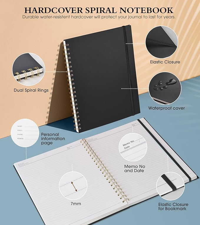 Spiral Notebook Journal 8.5” x 11”, A4 Large Notebooks for Women Men, College Ruled Lined Journal, 100 GSM Paper, Plastic Hardcover Spiral Bound Journals for Work School Note Taking Business, Black-DeskLoop Office