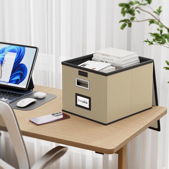 File Organizer Boxes with Lids, Collapsible Faux Leather Hanging File Folder - Image 2