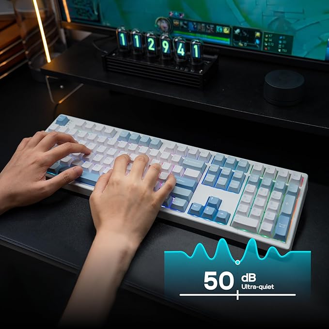 EPOMAKER TH108 Full Size Mechanical Keyboard, Wireless Gaming Keyboard with 8000mAh Battery, Creamy Gasket, 108 Keys, Hot Swap, Custom Driver, RGB Backlight (Blue&White, Sea Salt Silent)-DeskLoop Office