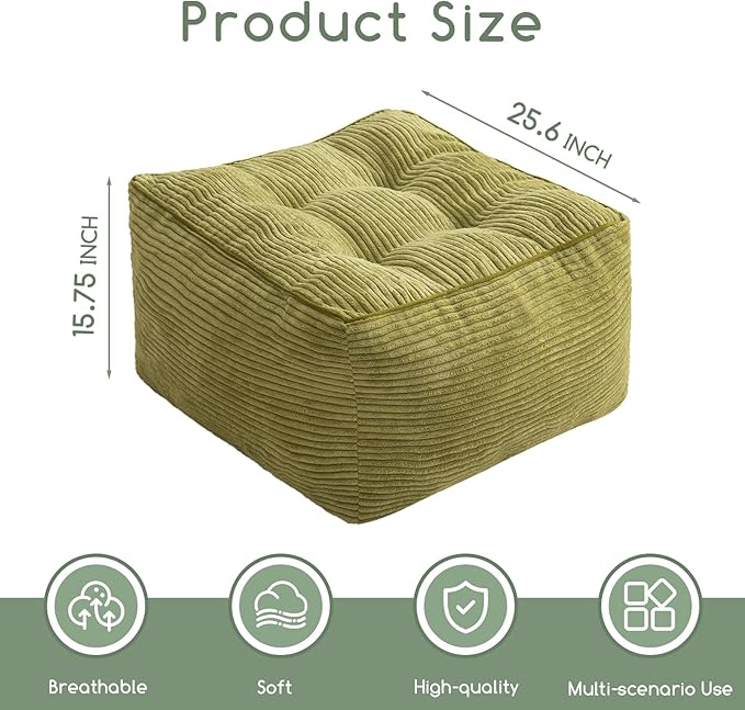 HIGOGOGO Square Stuffed Pouf Ottoman, Corduroy Poufs with Foam Chunk Filling, Furry and Fluffy Pouf Foot Stool Storage Ottoman, 25.6 X 25.6 Floor Poufs Foot Rest for Living Room, Green-DeskLoop Office