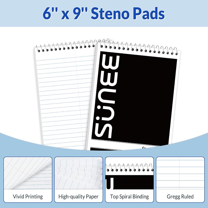 SUNEE 5 Pack Steno Pads 6x9, Gregg Rule, 60 Sheets, Spiral Notebook 6x9 - Image 3