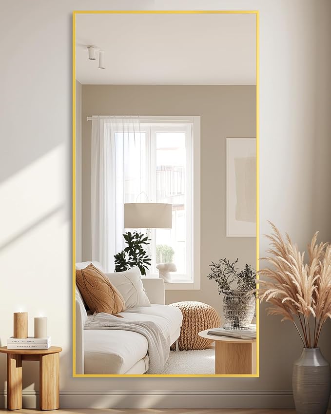 Full-Length Floor Mirror with Stand, 71"x32" Rectangle Style Full Body Standing Mirror for Bedroom, Living Room, Gym, Dorm - Shatter-Resistant & Easy Assembly, Gold-DeskLoop Office