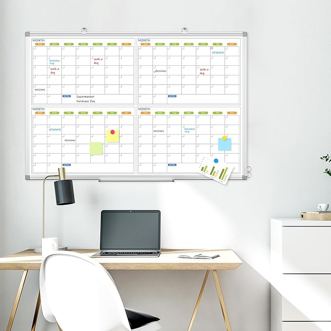 Dry Erase Calendar Whiteboard for Wall, 36" x 24" Magnetic Planner, Silver Aluminum Frame 4 Month Board for Office Home and School-DeskLoop Office