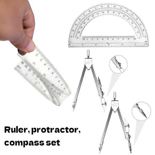 3 Packs Plastic 12 Inch Ruler, 6 Inch Clear Protractor and Compasses Set - Image 5