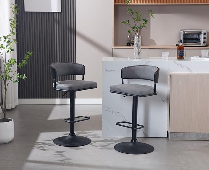 Adjustable Modern Bar Stools Set of 6 Faux Leather Barstools Swivel Counter Height Bar stools with Curved Back/Black Metal Base Comfy Upholstered Bar Chairs for Kitchen Island, Grey-DeskLoop Office