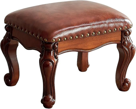 Foot Stool Ottoman Foot Rest Microfiber Leather Upholstered Footstool for Sofa, Living Room, Entryway, Solid Wood Stool (Flat Brown)-DeskLoop Office
