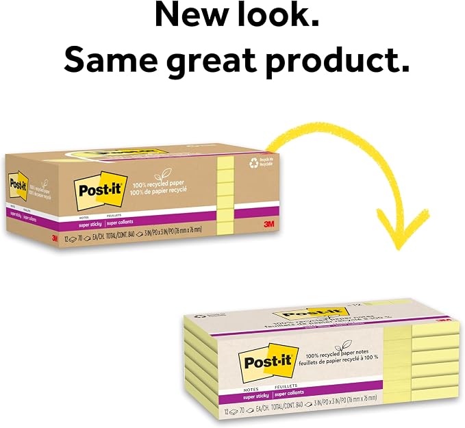 Post-it 100% Recycled Super Sticky Notes, 3 x 3 in, Canary Yellow, 12 Pads - Image 9