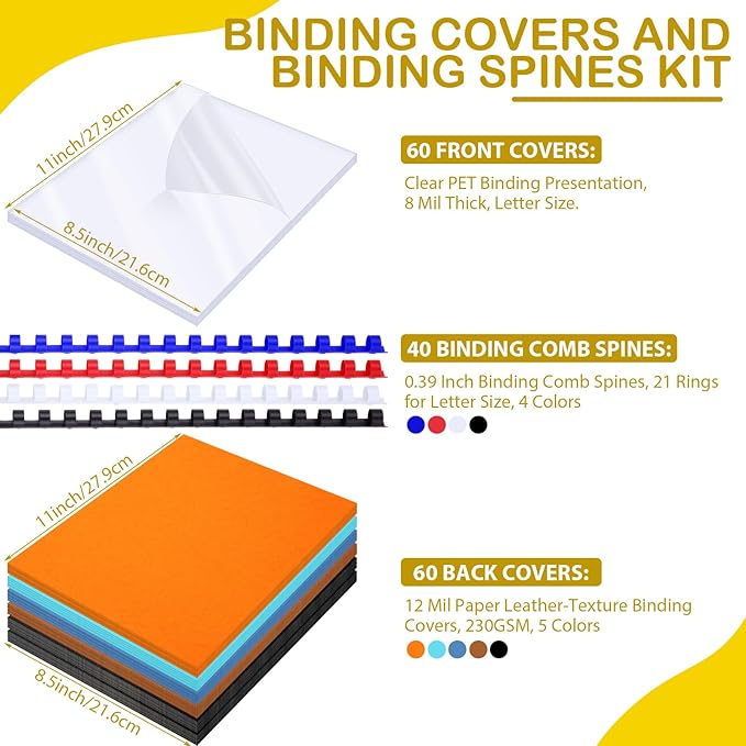160 Pack Binding Covers and Combs kit 8.5x11 Inches Include 60 Pcs 12 mil Leather Texture Binding Cover 60 Pcs 8 mil Clear PET Presentation Covers 40 Pcs Binding Combs Letter Size(Vivid Color)-DeskLoop Office