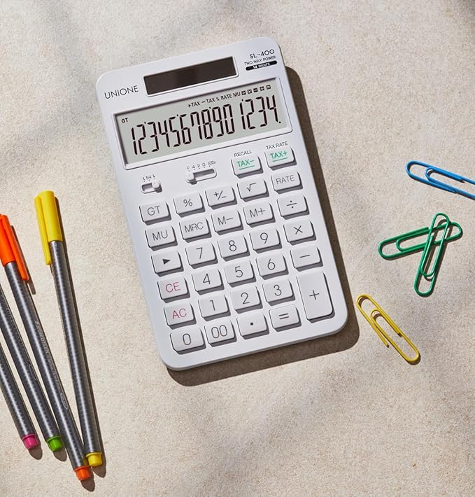 14 Digits Desktop White Calculator with a Bright LCD, Dual Power Handheld Desktop. Color. Business, Office, High School-DeskLoop Office